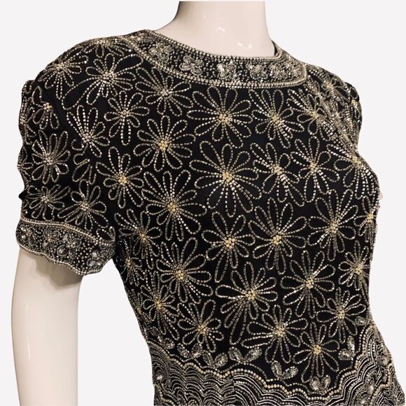 PAPELL Boutique Evening Solid Beaded 100% Silk Top with Scalloped Heim Large - Picture 5 of 8